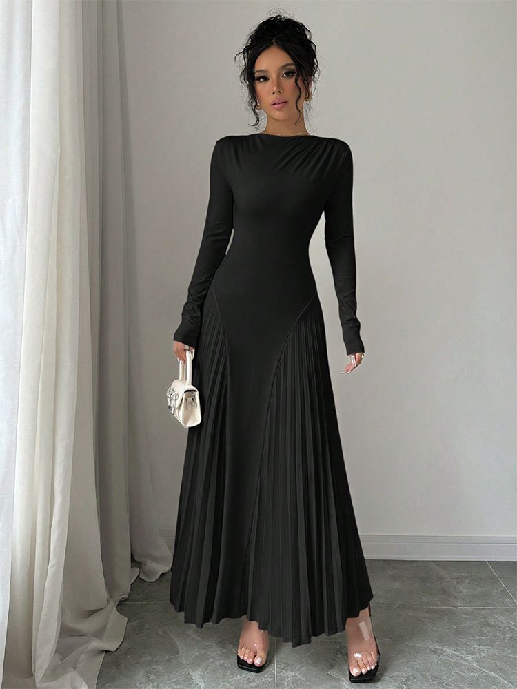 New Long Sleeved Knitted Long Skirt Pleated Dress Elegant Slim Versatile Fashion Temperament_ecoleips.com