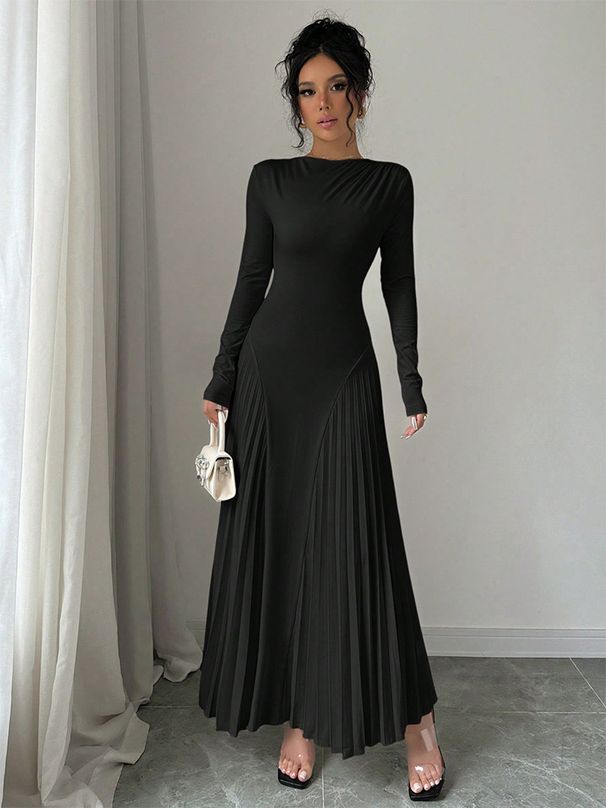 New Long Sleeved Knitted Long Skirt Pleated Dress Elegant Slim Versatile Fashion Temperament_ecoleips.com