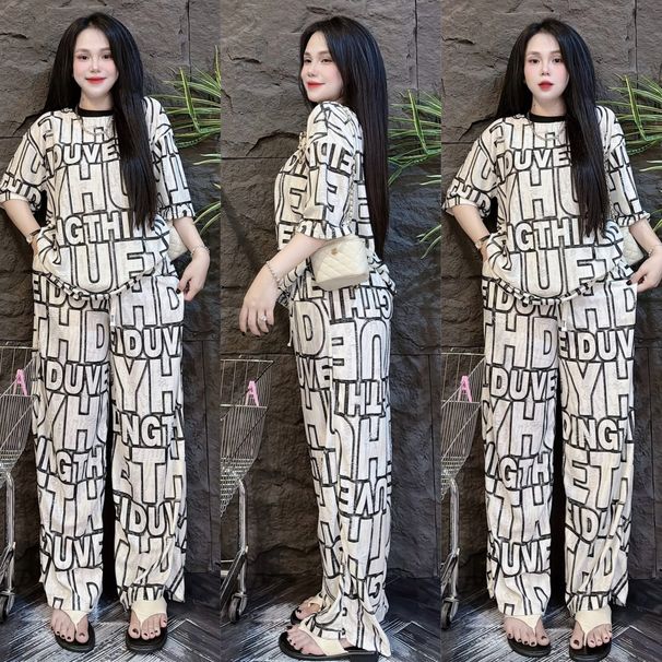 Southeast Asian American Retro Fashion Women's Summer Two-Piece Set Wide Leg Pants Short Sleeve Casual Suit with Letter Print_ecoleips.com