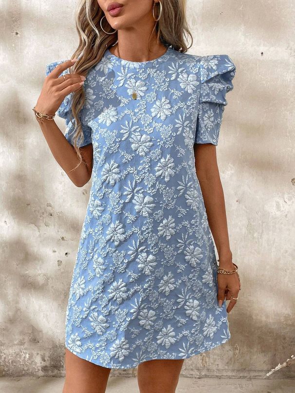 Women's Clothing Summer New Women's Puff Sleeve Textured Jacquard Round Neck Retro Style Dress_ecoleips.com