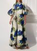 K New Women's Elegant Plant Printed Bubble Sleeve Dress For Women_ecoleips.com