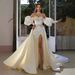 Wedding Dress With Small Train, Slim Waist And Hips, Body Hugging Satin Two Piece Set, Detachable Puff Sleeves, Tube Top Wedding Dress_ecoleips.com