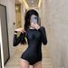 Aria Basics Korean INS Style Long Sleeve Sun Protection Conservative High Neck Zipper One-Piece Swimsuit Slim Fit Snorkeling Surfing_ecoleips.com