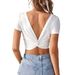 Voya Women's New Sexy Backless V-neck Slim Fit Short Knitted Short Sleeved Fashionable T-shirt Top_ecoleips.com