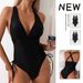 Women's Clothing Halter Neck Lace Up Swimsuit New Solid Color V Neck Belly Covering Conservative One Piece Swimsuit Female Summer Bikini_ecoleips.com