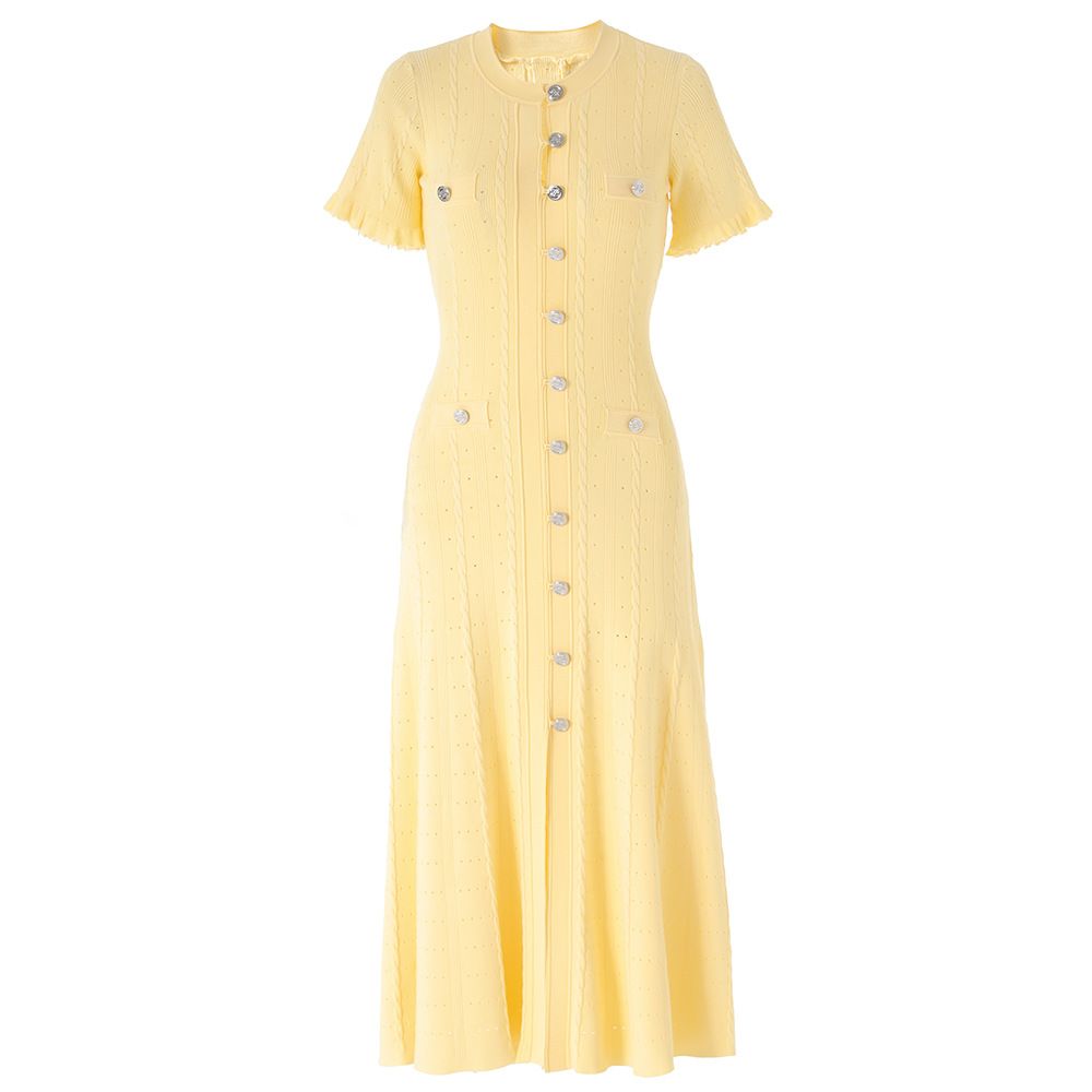 Nanyou Style High Quality Cable Knit Dress for Women round Neck Elegant Yellow Metal Buckle Knitwear_ecoleips.com