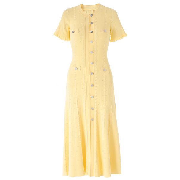 Nanyou Style High Quality Cable Knit Dress for Women round Neck Elegant Yellow Metal Buckle Knitwear_ecoleips.com