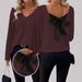 European And American Women's V-Neck Solid Color Sweater Autumn New Long Sleeve Casual Loose Bowknot Top For Women_ecoleips.com