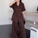 Women's Clothing Short Sleeved Workwear Style Suits For Women Style Wide Leg Pants Cotton And Linen Waist 2 Piece Set_ecoleips.com