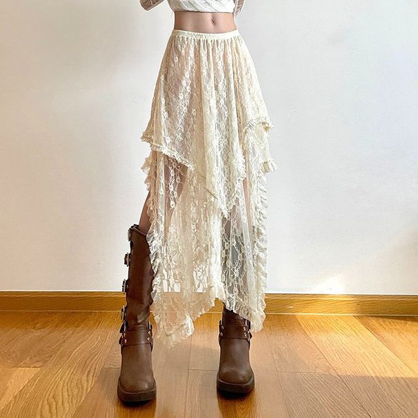 Women's Clothing Holiday Casual Style Lace Irregular Design Low Waist Skirt Thin Versatile Outer Wear Long Skirt_ecoleips.com