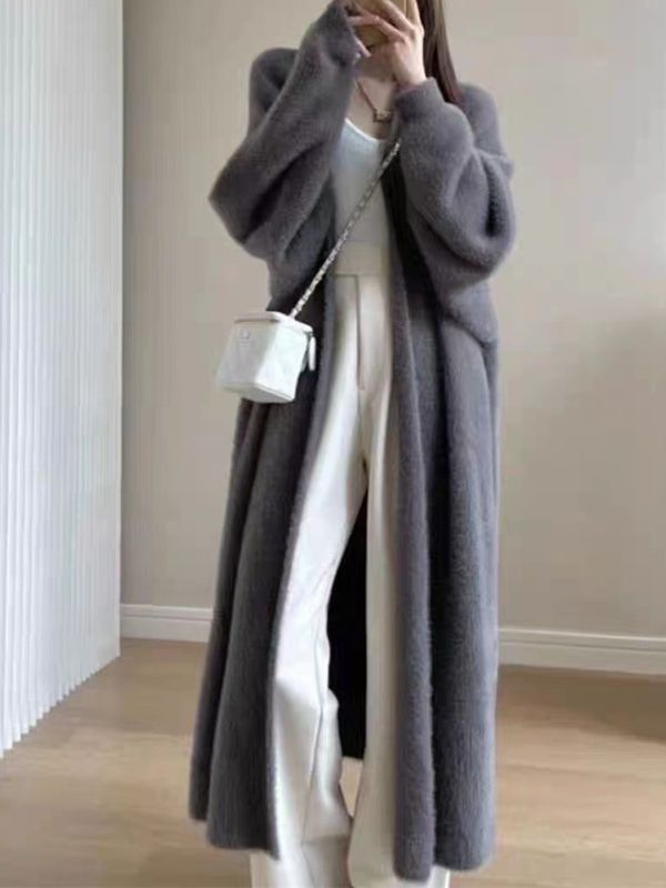 Luxury Faux Mink Knit Cardigan Coat - Oversized Long Open Front Sweater With Lantern Sleeves For Women_ecoleips.com