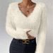 K New Solid Color V-neck Slim Fit Versatile Plush Short Women's Sweater. No Necklaces Or Other Accessories_ecoleips.com
