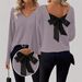 Elegant V-Neck Solid Color Sweater For Women | Loose Fit Long Sleeve Blouse With Bow Detail | Autumn Casual Top_ecoleips.com