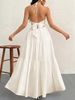Off-Shoulder V-Neck Pleated Backless A-Line Summer Dress (Hawaii Beach / Tea Party / White Graduation Outfit)_ecoleips.com