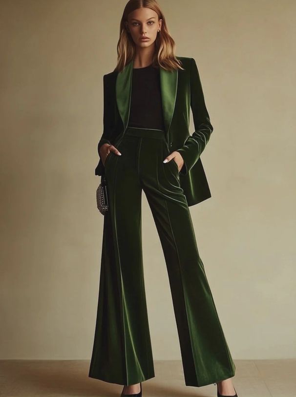 Elegant Velvet Blazer & Pants Set - Slim Fit Office Suit For Women, Professional Two-Piece Outfit (Green, Xs-Xxl, Polyester)_ecoleips.com