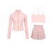 Women's 3-Piece Cropped Jacket & Skirt Set – Stand Collar Zip-Up Yoga Outfit With Y-Back Tank Top – Stretchy Nylon/Spandex Athleisure Wear_ecoleips.com