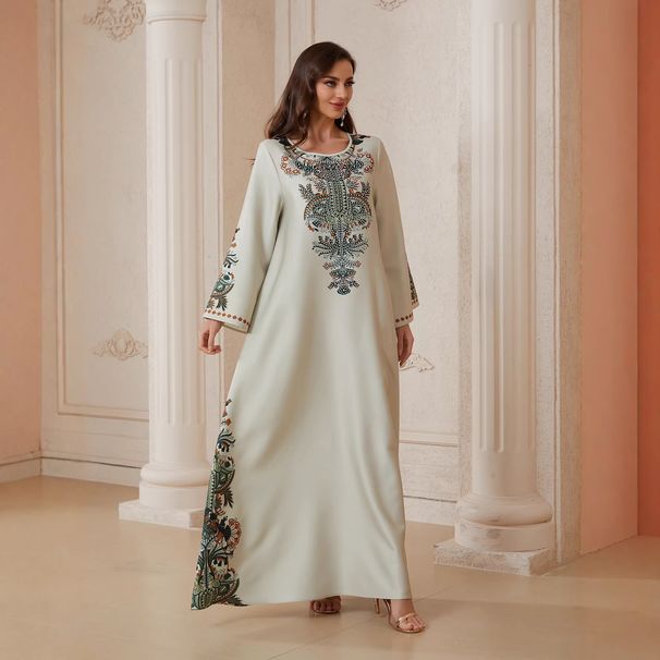 Women's Long Robe Beaded Print round Neck Abaya Style Hot Rhinestone SW2604ins Muslim Fashion Clothing_ecoleips.com