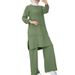 H712 # Muslim Women's Clothing Solid Color Two-Piece Sportswear Elegant Long Sleeve Shirt Wide Leg Pants Set_ecoleips.com