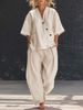 Women's Casual Two-Piece Set – V-Neck Relaxed Tee & High-Waist Wide Leg Pants | Solid Color Loungewear (Pink/Black/Chartreuse/Beige/Khaki/Light Blue)_ecoleips.com