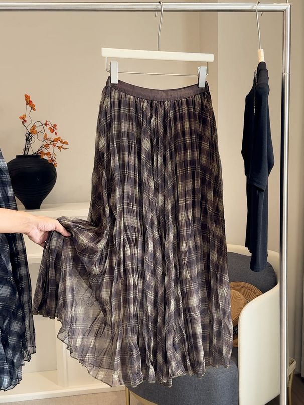 Mesh Stitching Contrasting Color Plaid Skirt Women's New High Waist Drape Pleated Loose Pendulum Umbrella Skirt_ecoleips.com