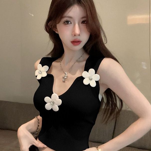 Elegant Stylish Floral Knitted Camisole With A French Sexy Off-shoulder Slim Fit And Three-dimensional Design, Summer_ecoleips.com