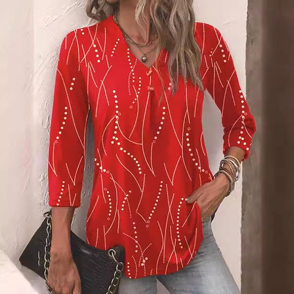Aria Basics Aria Basics 2024 European American Spring And Autumn New Button Polka Dot V-Neck Long Sleeve Top Cross-Border Women's T-Shirt_ecoleips.com