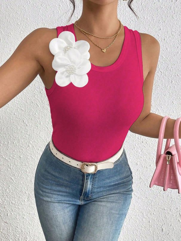 Women's Sleeveless Top 3D Floral Decoration Solid Color Vest Spring/Summer Regular Polyester Tank Top & Camis_ecoleips.com