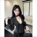 Purely Sexy Lace-spliced Striped Deep V-neck Tie-neck Shirt, Stylish And Versatile Slimming Top With Belt_ecoleips.com