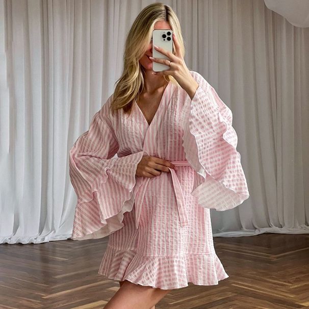 Aria Basics Women's European American Style Pajamas, Spring-summer 2026 New Product, Double-layer Crepe Cotton With Ruffle Trim,_ecoleips.com