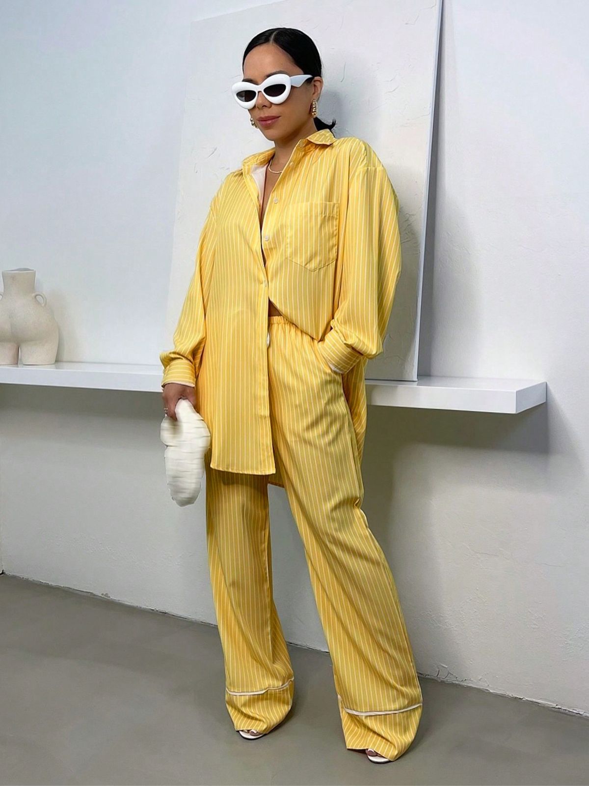 Women's Clothing Autumn And Winter Fashion Women's Lapel Long Sleeved Shirt Elastic Waist Stitching Trousers Striped Suit_ecoleips.com
