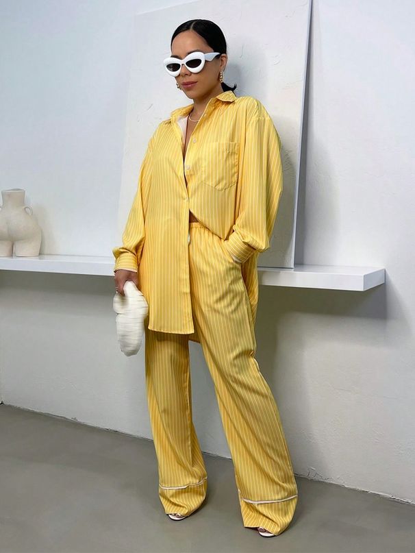 Women's Clothing Autumn And Winter Fashion Women's Lapel Long Sleeved Shirt Elastic Waist Stitching Trousers Striped Suit_ecoleips.com
