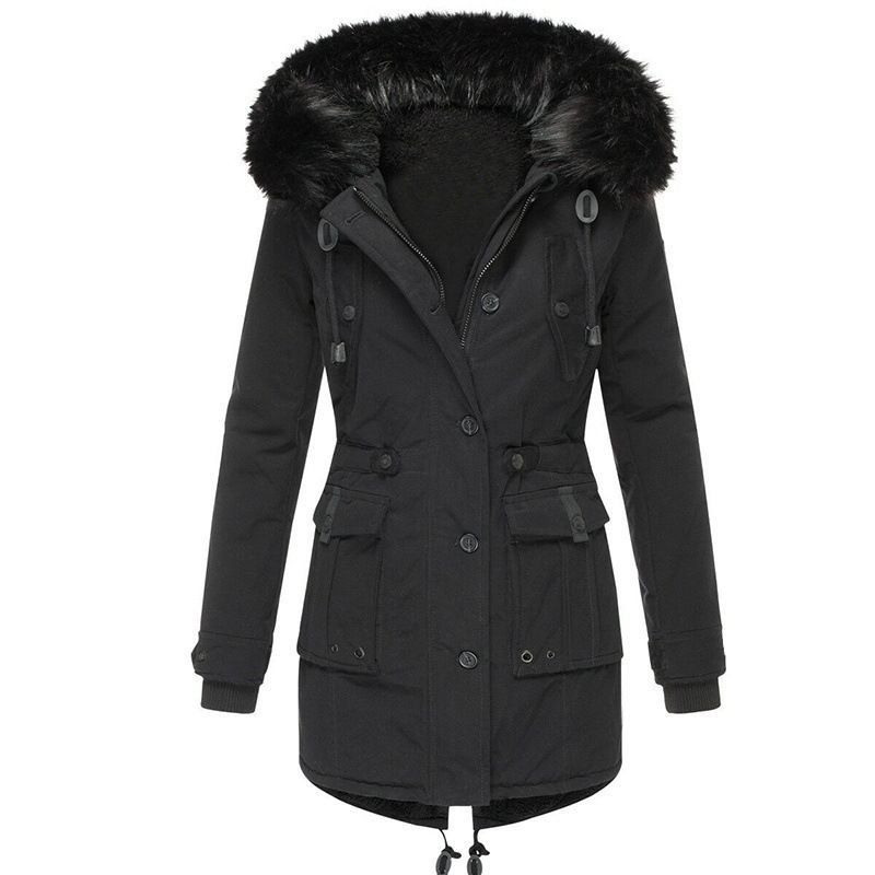 Women's Winter Fleece-Lined Parka Coat With Thickened Cotton, Faux Fur Collar, Flared Hem, Long Sleeve Casual Outerwear_ecoleips.com