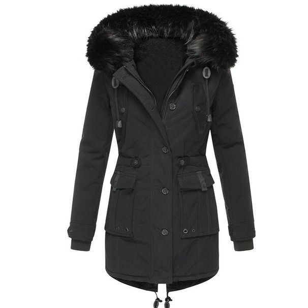 Women's Winter Fleece-Lined Parka Coat With Thickened Cotton, Faux Fur Collar, Flared Hem, Long Sleeve Casual Outerwear_ecoleips.com