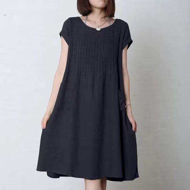 Cotton And Linen Casual Dresses; Artistic Dresses; Women's Clothing In Large Sizes; Short-Sleeved Designs With Round Nec_ecoleips.com