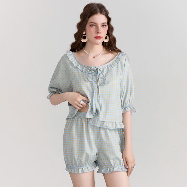 2024 Spring/Summer European And American New Women's Fashion Ruffle Trim Plaid Casual Shorts Set For Elegant Commuting_ecoleips.com