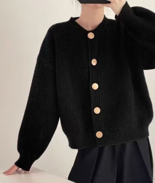 K Design Sense Single-breasted Knitted Cardigan For Women; Loose, Pure Color, Round Neck Top With A Lazy Style._ecoleips.com