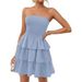 Women's Strapless Pleated Mini Dress Summer Casual Off-Shoulder Sundress Layered Style_ecoleips.com