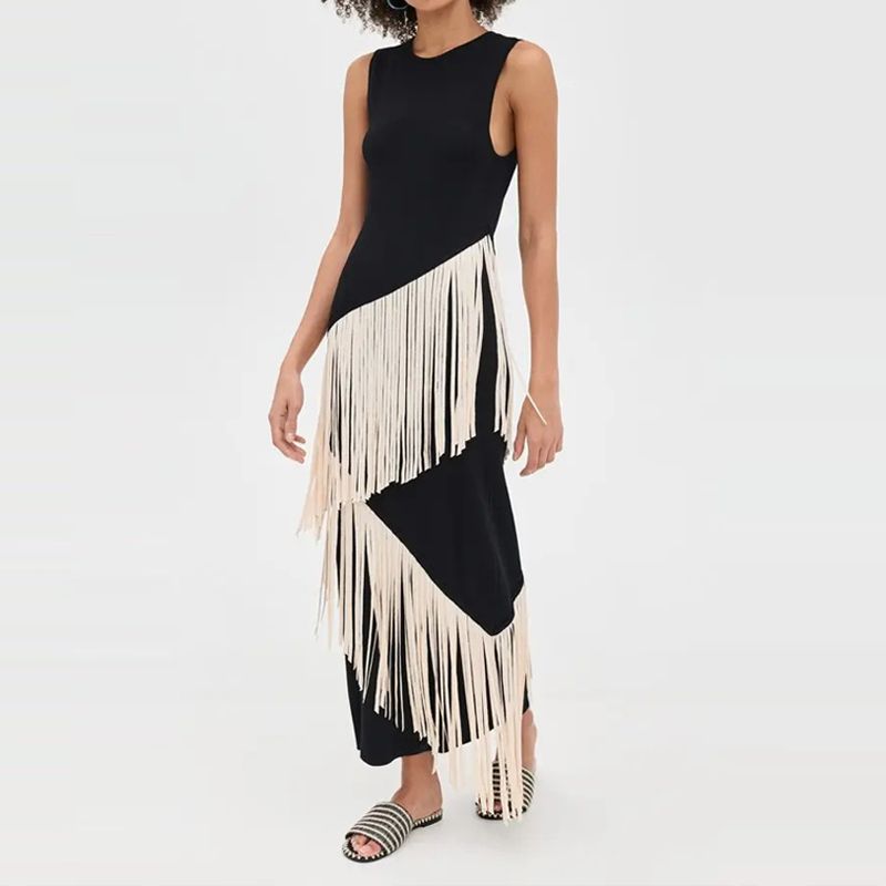 2026 Fashion O Neck Tassel Evening Dress Women's Spring Slim Bodycon Long Dress Summer Sleeveless Tank Bohemian Maxi Dress Mujer_ecoleips.com