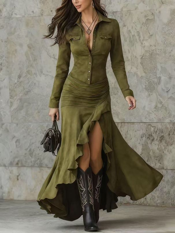 Elegant High-Neck Split Hem Dress – Fit Long Sleeve Tailored Dress For Women (Xs-Xxxl, Knit Fabric With Zipper Closure)_ecoleips.com