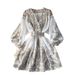 Women's Clothing Print Single Breasted V Neck Lantern Sleeve Waisted Medium Length Dress For Small People_ecoleips.com