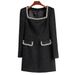 Women's Clothing Spot autumn and winter new black coarse spinning square collar nail beading decoration waist long sleeve slim dress small dress_ecoleips.com