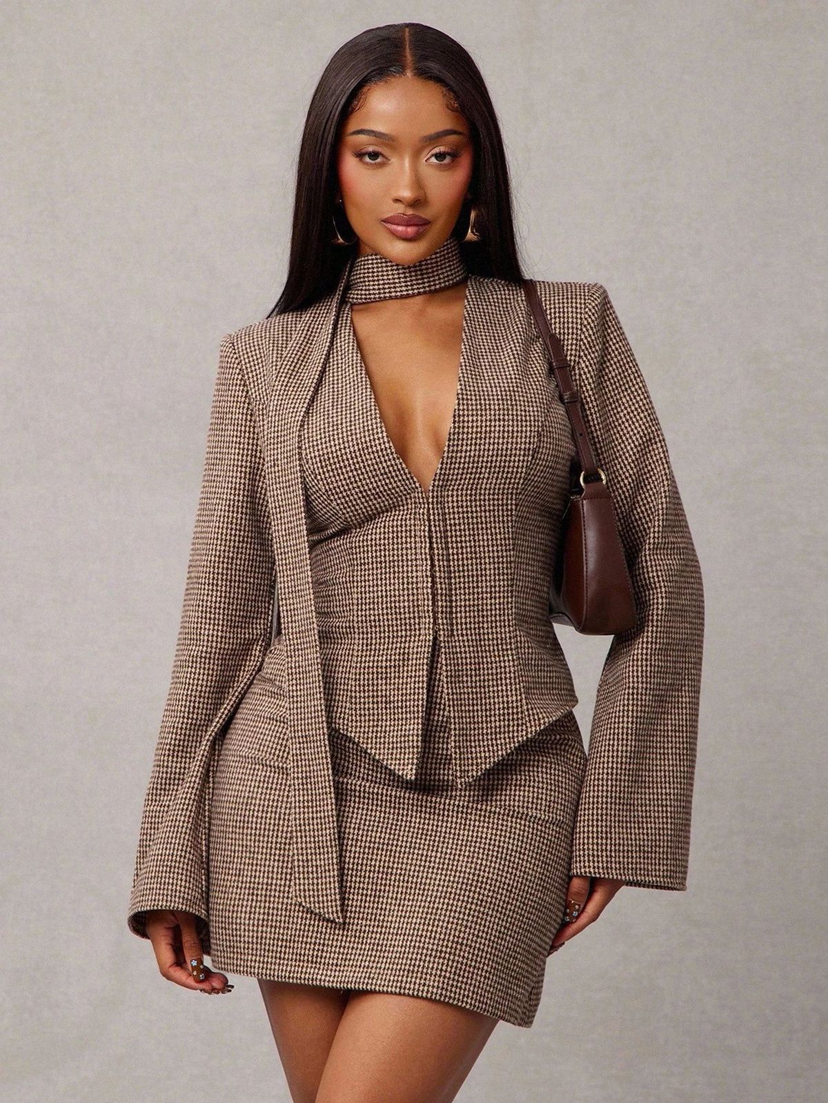 European And American Women's Clothing New Fashion V-neck Scarf Decoration Long-sleeved Casual Suit Suit_ecoleips.com