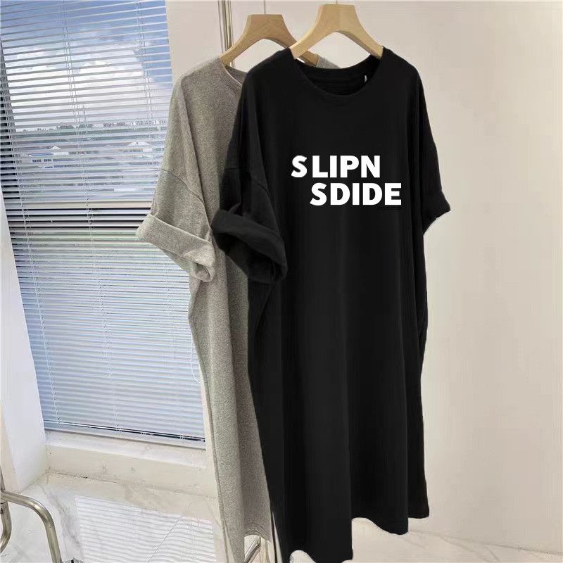 Dress Women 2025 Summer New Simple Letter Printed Casual Plus Size Loose Short Sleeved Dress_ecoleips.com