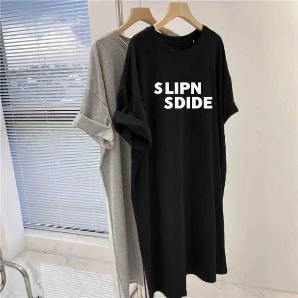 Dress Women 2025 Summer New Simple Letter Printed Casual Plus Size Loose Short Sleeved Dress_ecoleips.com
