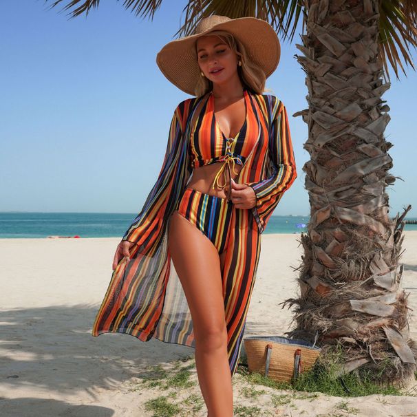 Women's Striped Three Piece Set Cover-Up Swimsuit Fashion Bikini_ecoleips.com