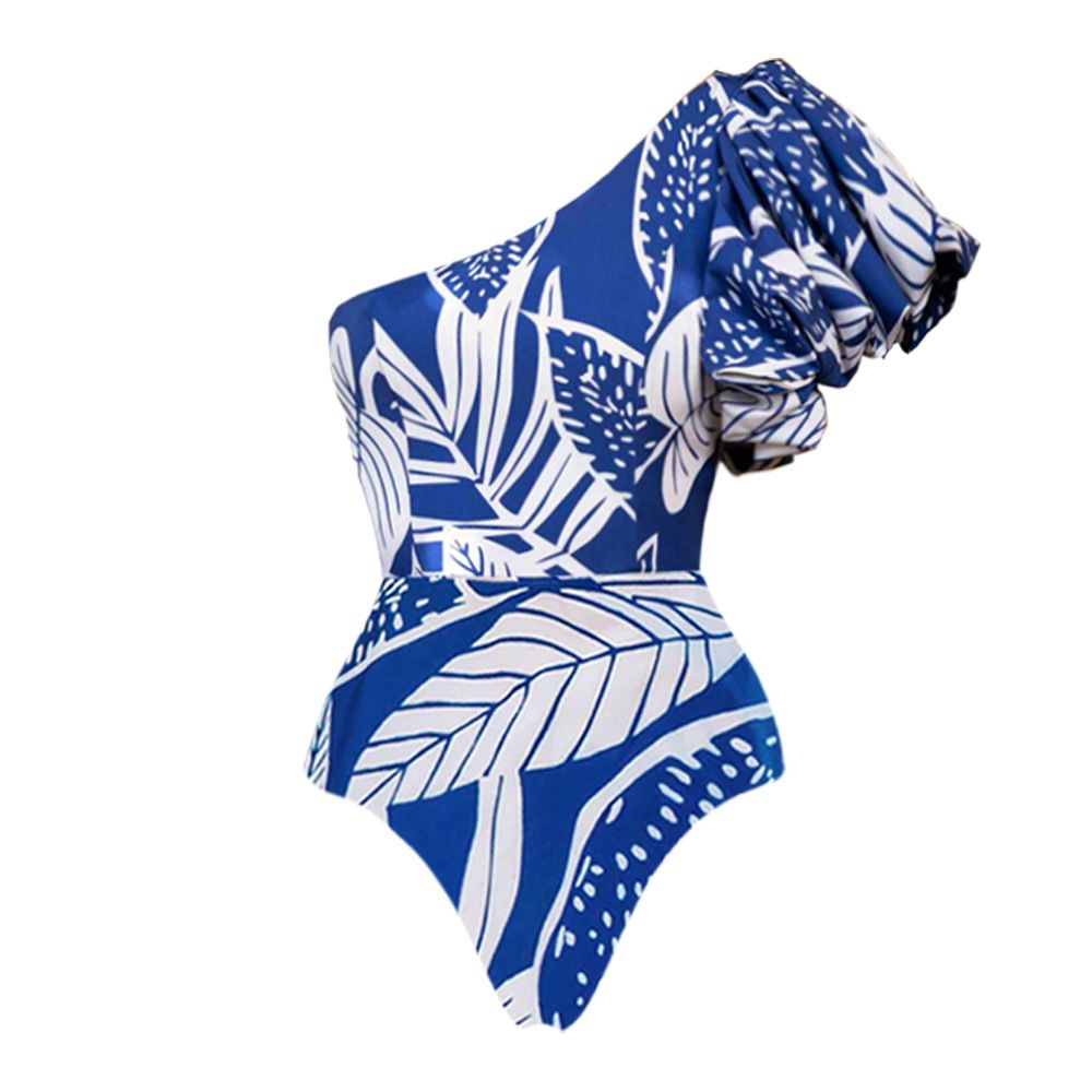 Women's One-Shoulder Ruffle Swimsuit - Floral Printed One-Piece Bathing Suit For Beach Vacation_ecoleips.com