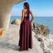 "Women's Elegant Halter Neck Dress - Low Cut High Slit Bodycon Dress, European Style Summer Party Dress, Black/Burgundy, S-XL"_ecoleips.com