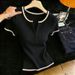 Women's Color Blocked Half Button V Neck Short Sleeved Knit T Shirt Slim Fit Fashionable Top For Summer_ecoleips.com
