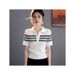 Women's Korean Style Striped Half-Zip White Short Sleeve Knit Top - Breathable Summer Casual Shirt With Unique Design_ecoleips.com