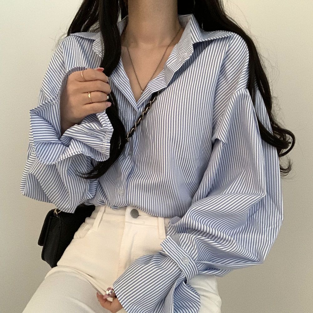 Women's Oversized Striped Blouse With Lantern Sleeves – Vintage-Inspired Cotton Shirt For Layering, Boho Chic & Office Wear_ecoleips.com